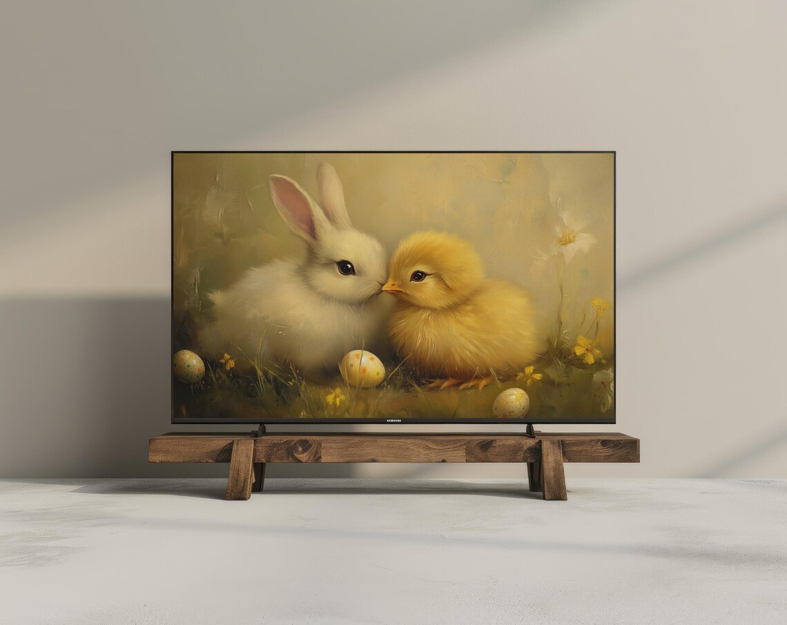 Easter Frame Tv Art Neutral Oil Painting Moody Easter Decor Easter Bunny Chick Spring Frame Tv Art Antique Decor - Image 3
