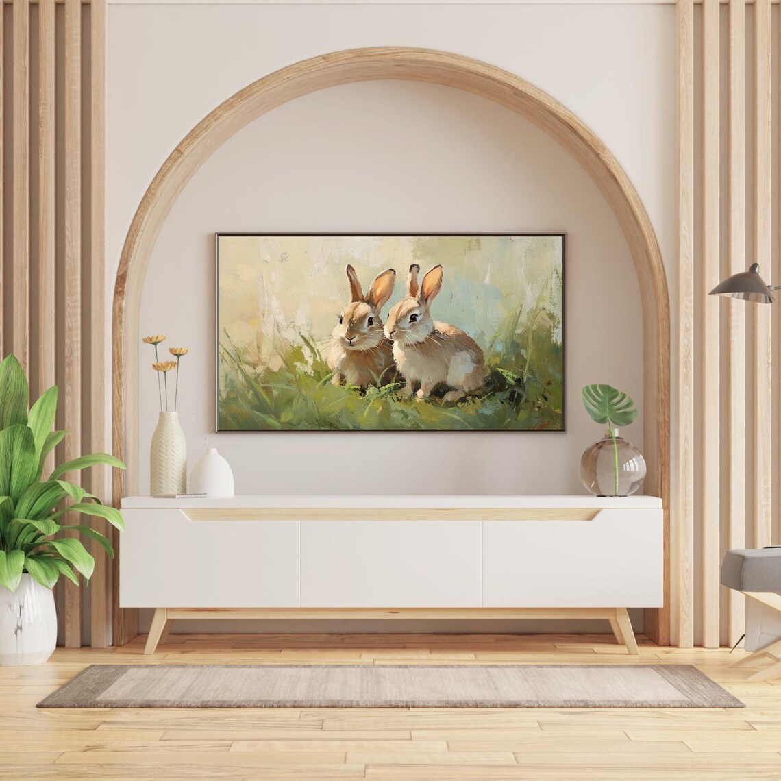 Two Bunnies In Spring Grass Easter Vintage Oil Painting Frame TV Poster - Image 2