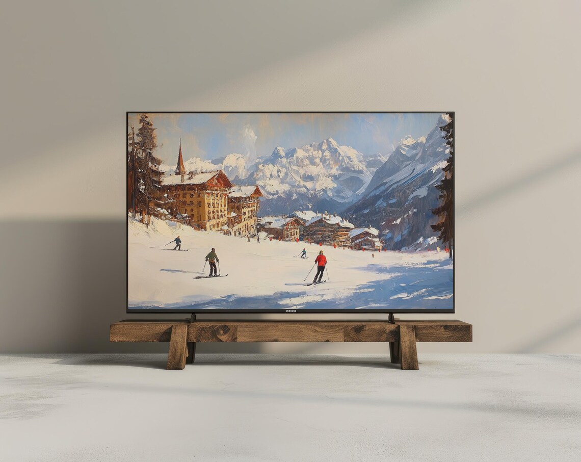 Alpine Ski Village Snowy Peaks Vintage Winter Skiers Oil Painting Poster - Image 3