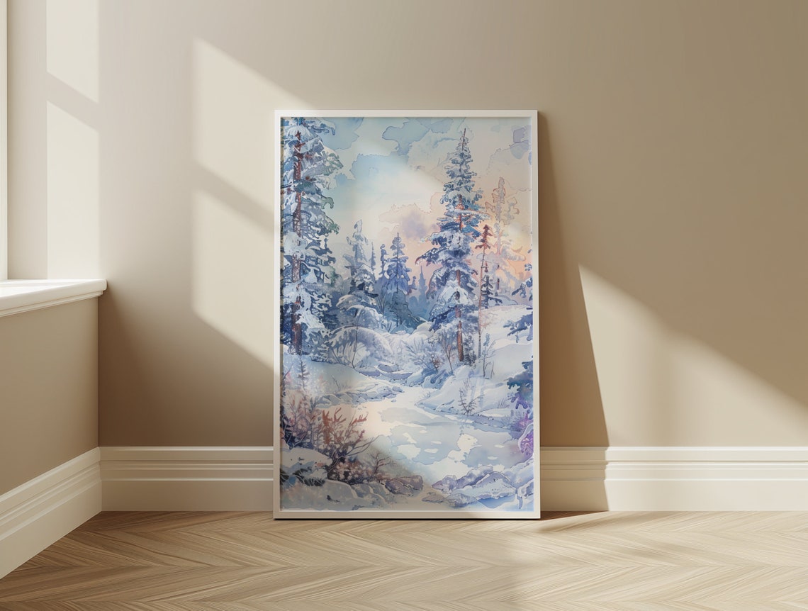 Lapland Snowy Pine Forest Winter Morning Watercolor Art Poster - Image 3