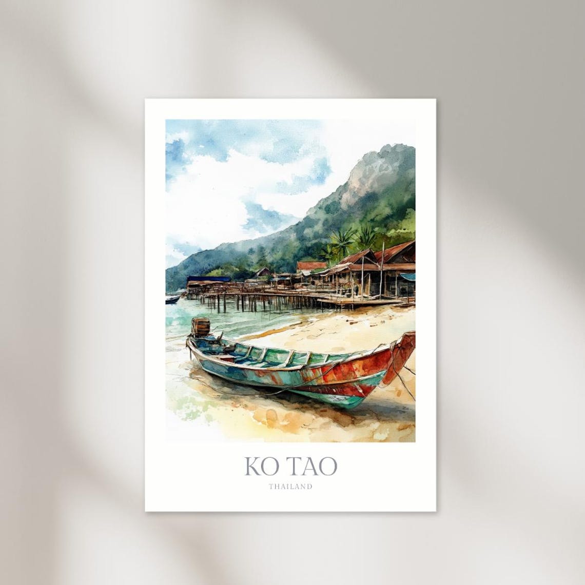 Ko Tao Thailand Longtail Boat Beach Watercolor Travel Poster
