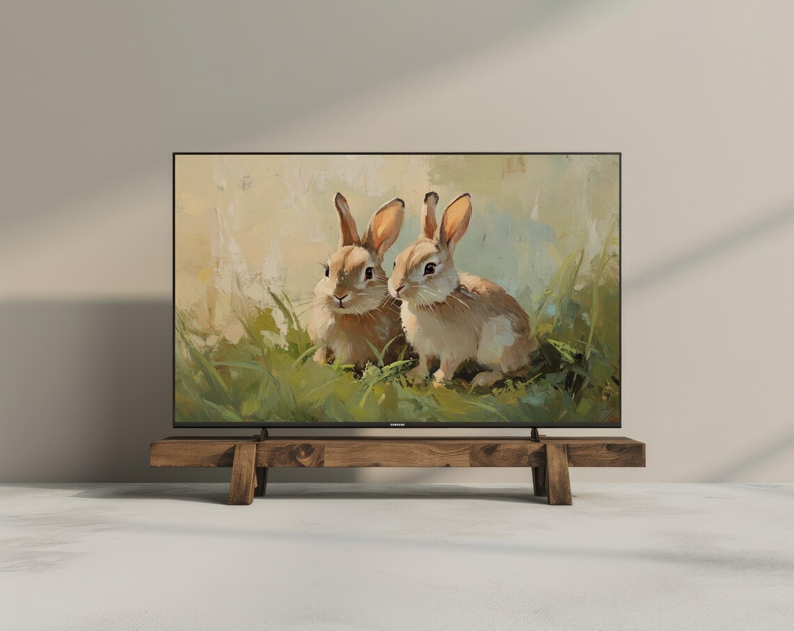 Two Bunnies In Spring Grass Easter Vintage Oil Painting Frame TV Poster - Image 3