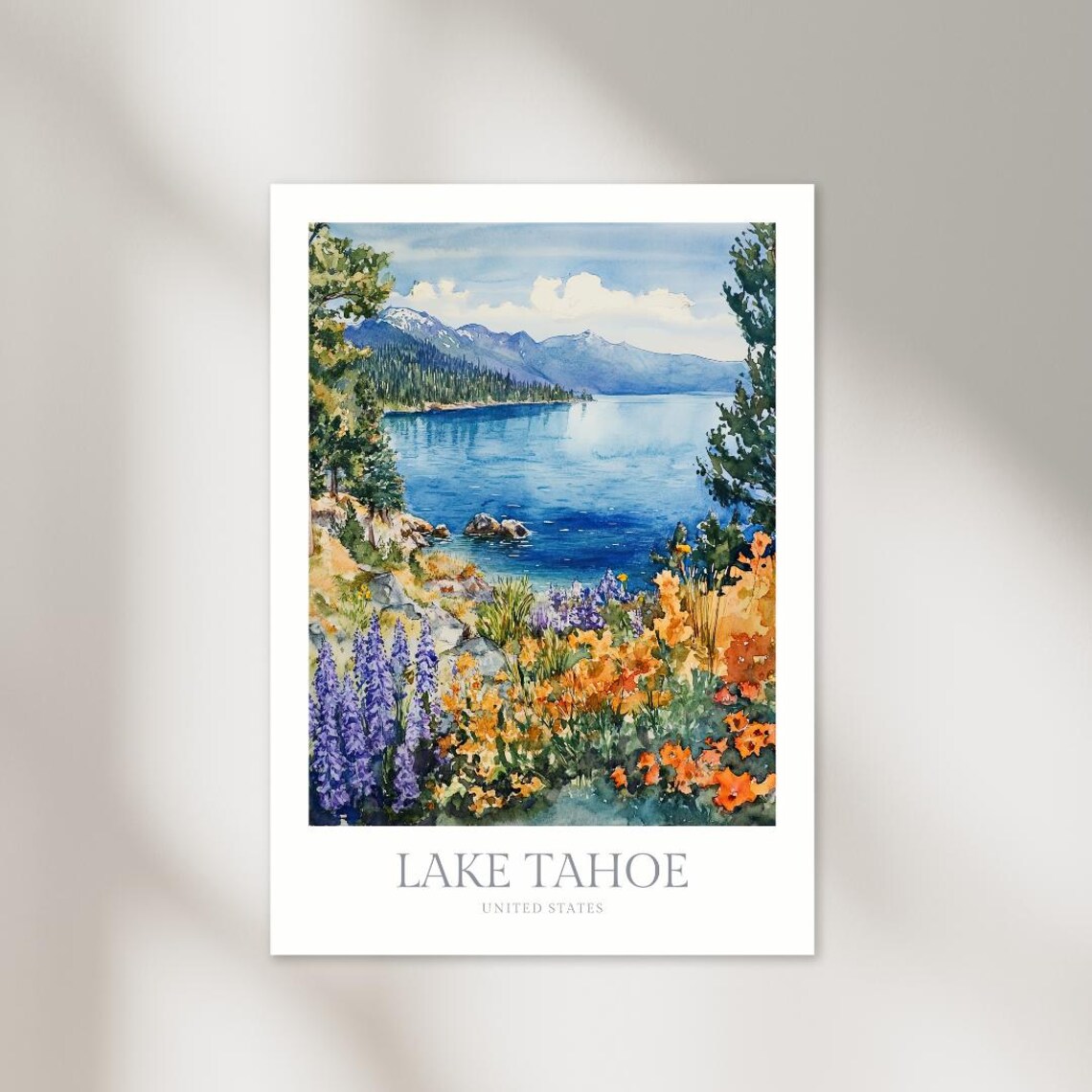 Lake Tahoe United States Wildflower Shoreline Watercolor Poster
