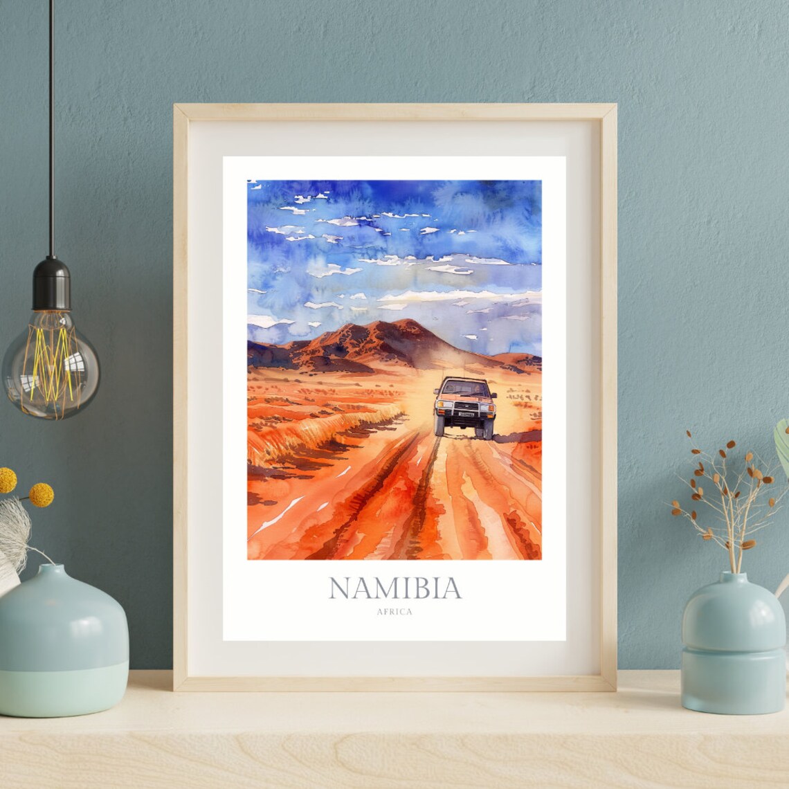 Namibia Africa Red Desert Safari Road Watercolor Travel Poster - Image 2