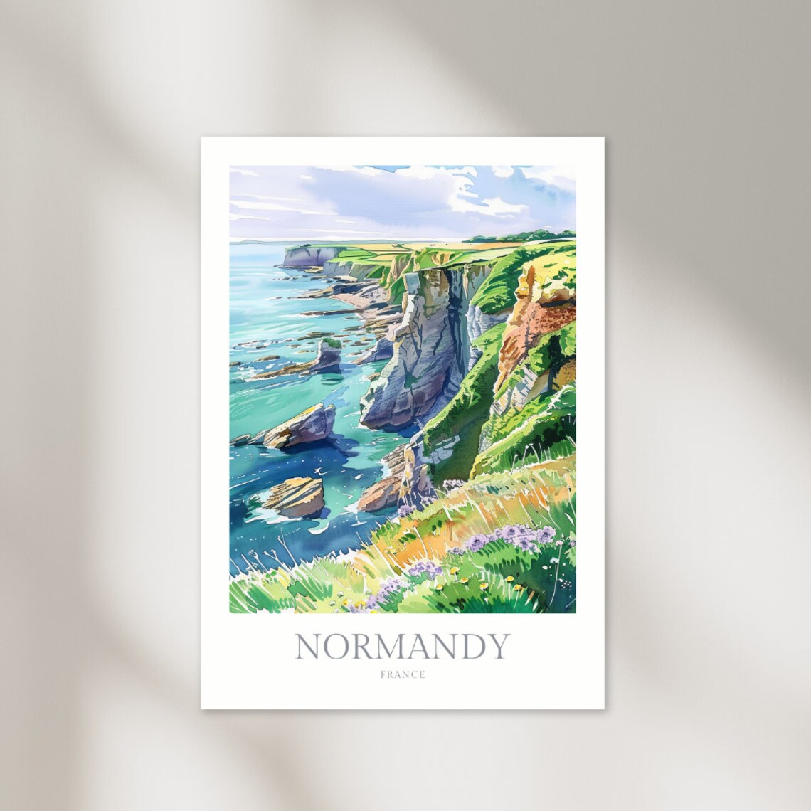 Normandy France Watercolor Travel Poster, Wall Art
