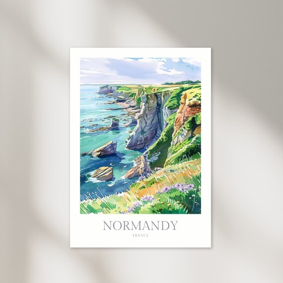 Normandy France Watercolor Travel Poster, Wall Art