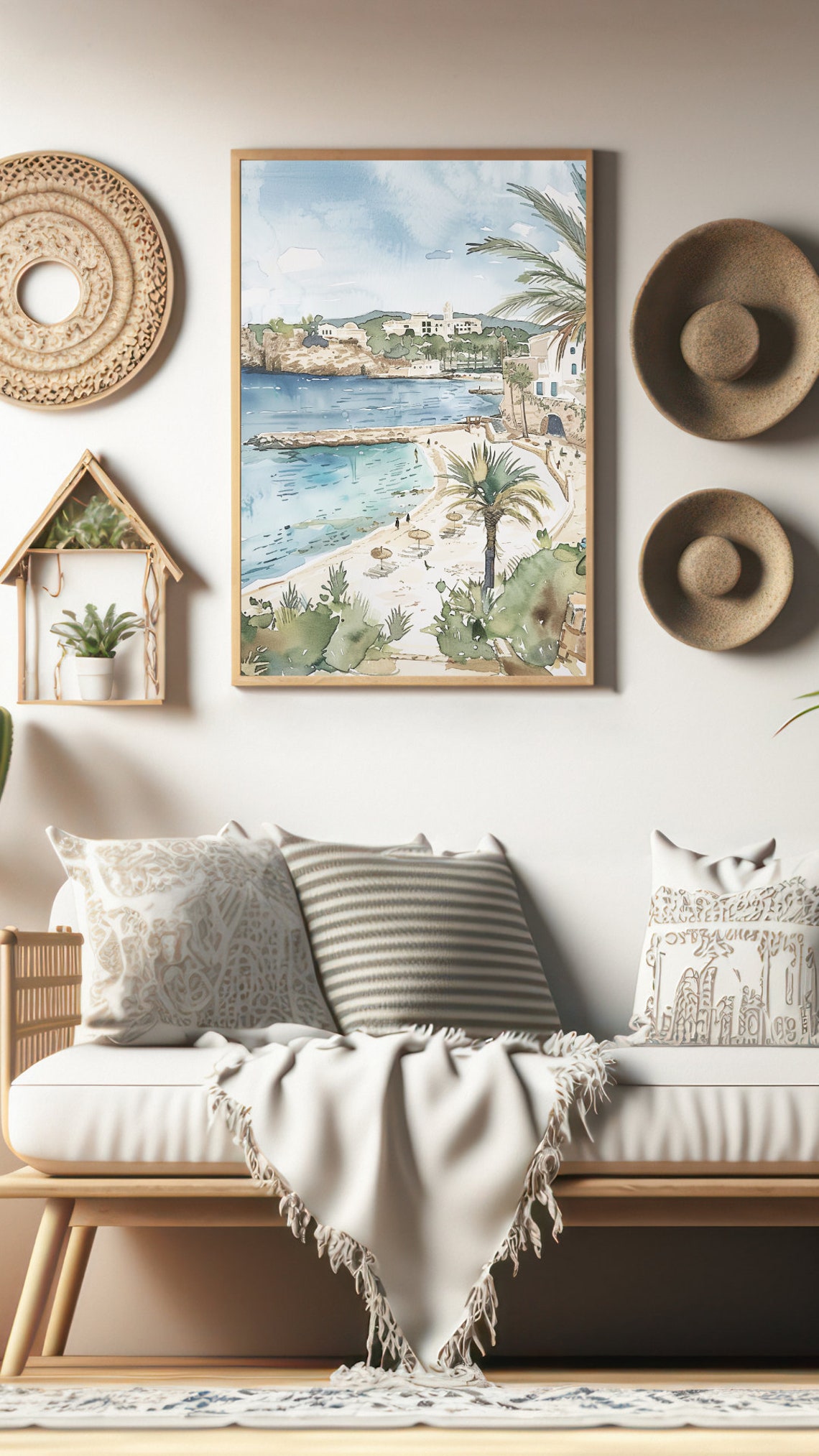 Ibiza Spain Beach Palms White Buildings Watercolor Art Print - Image 2