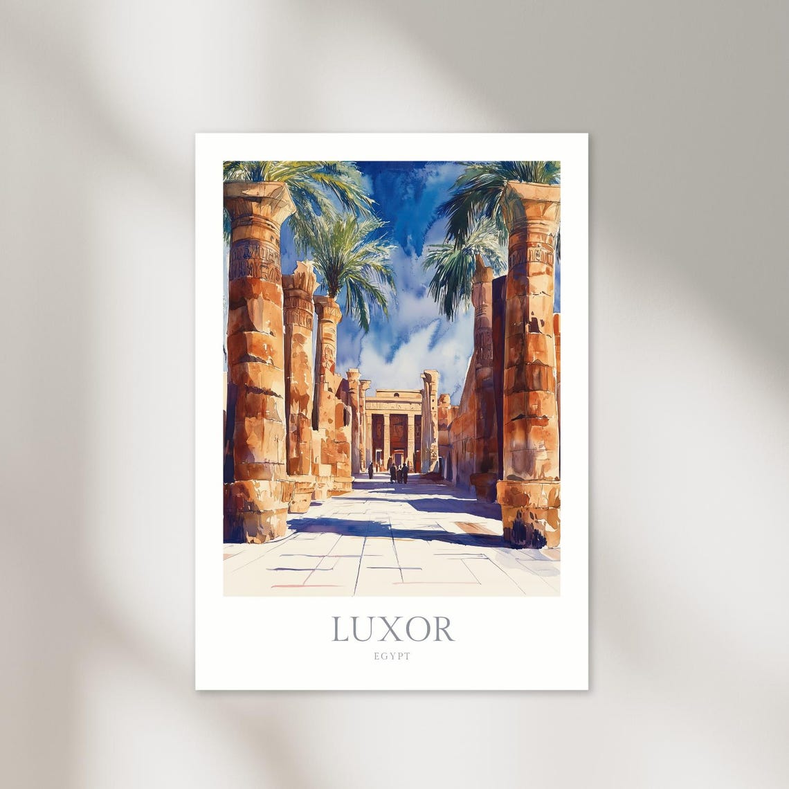 Luxor Egypt Ancient Temple Columns Blue Sky Watercolor Travel Poster