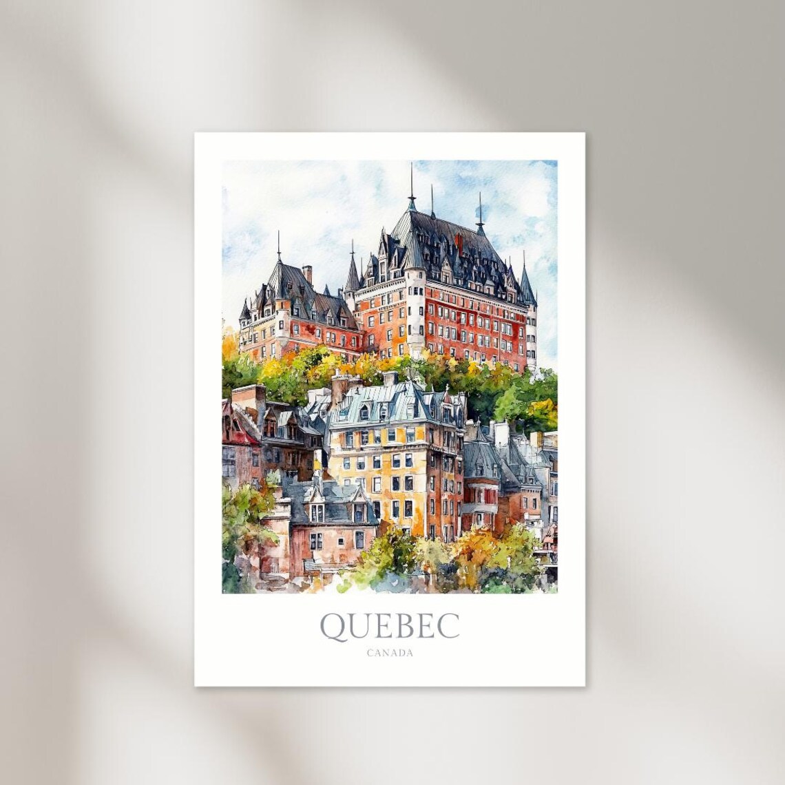 Quebec Canada Watercolor Travel Poster, Wall Art