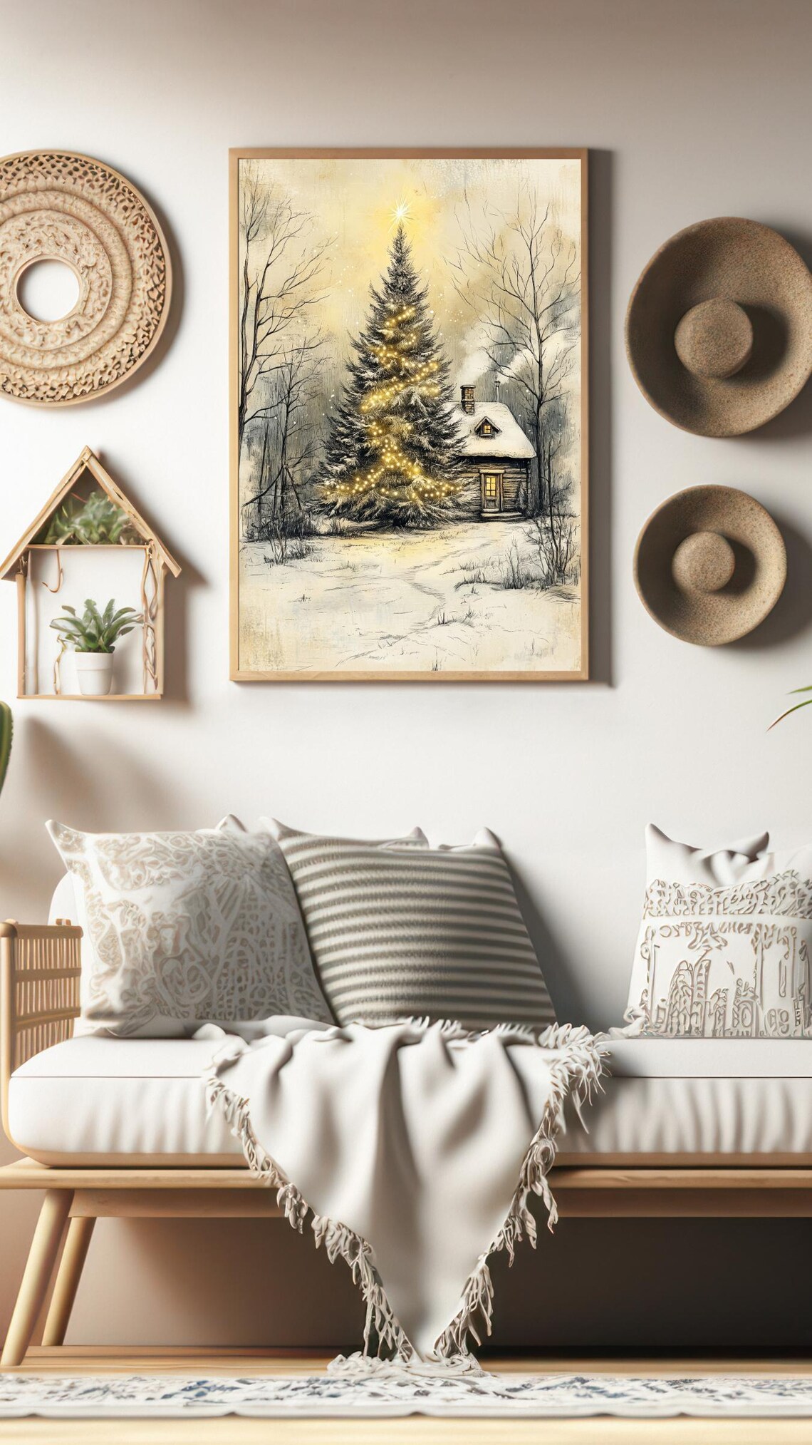 Vintage Sepia Christmas Tree Golden Lights Cabin Sketch Art Poster - Image 2