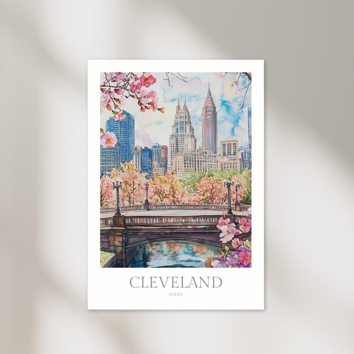 Cleveland Ohio Spring Skyline Cherry Blossoms Bridge Watercolor Poster