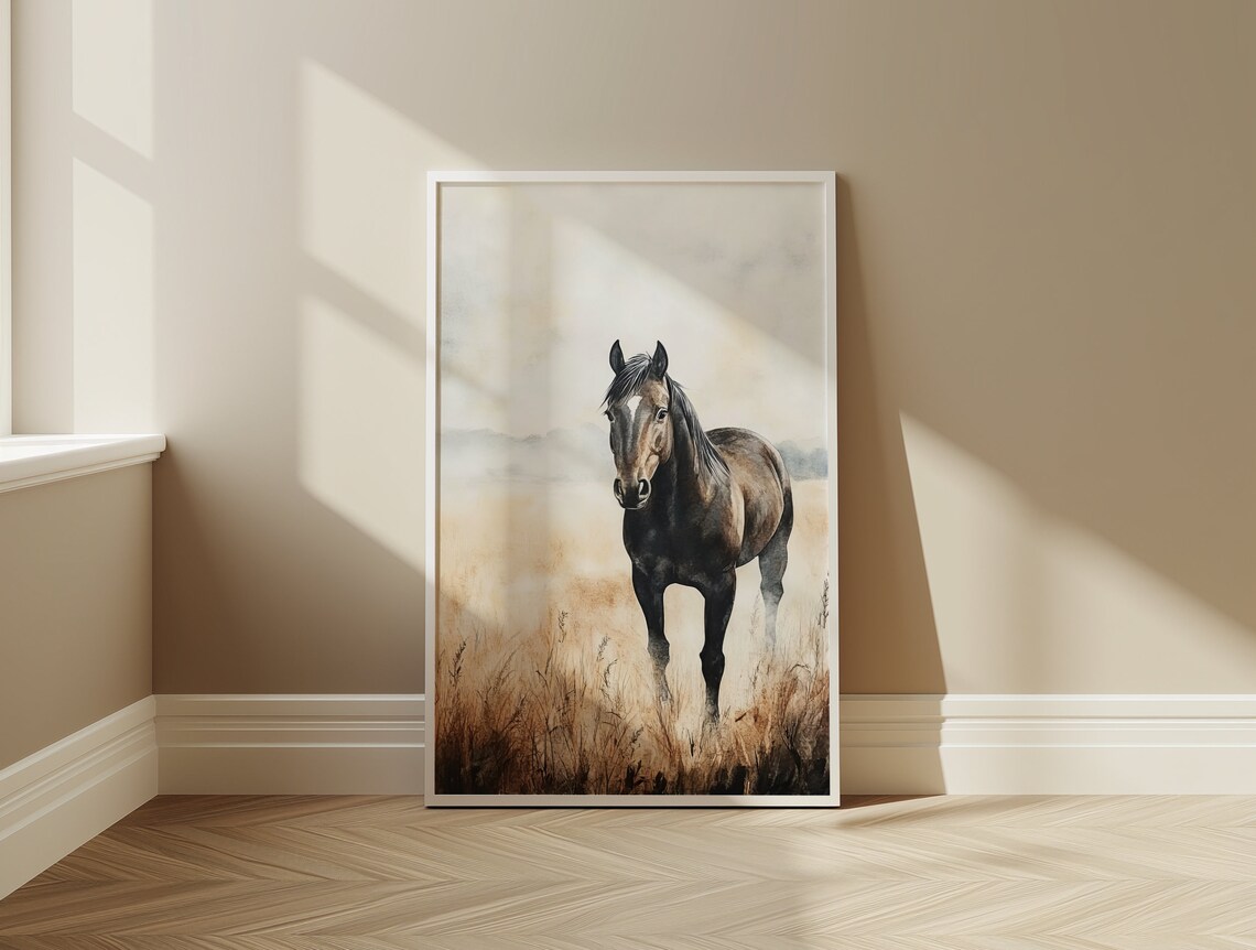 Majestic Black Horse Standing in Golden Field Watercolor Poster - Image 3