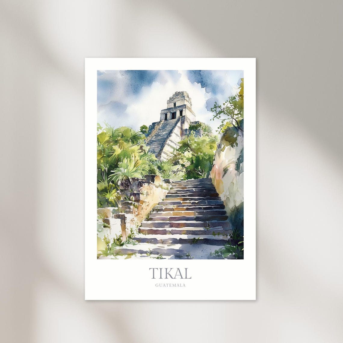 Tikal Guatemala Mayan Temple Jungle Ruins Watercolor Travel Poster