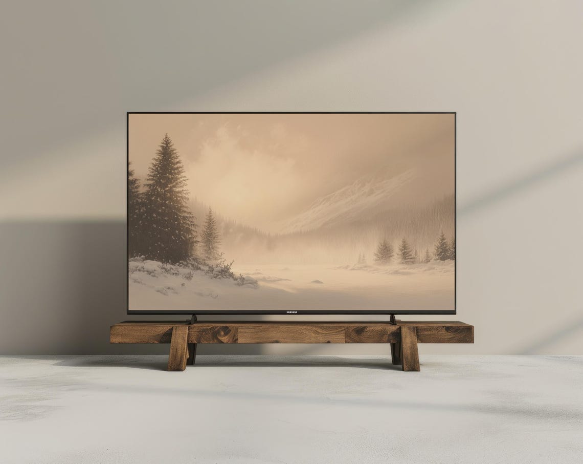 Snowy Pine Trees Winter Sunrise Warm Beige Landscape Frame TV Poster - Image 3