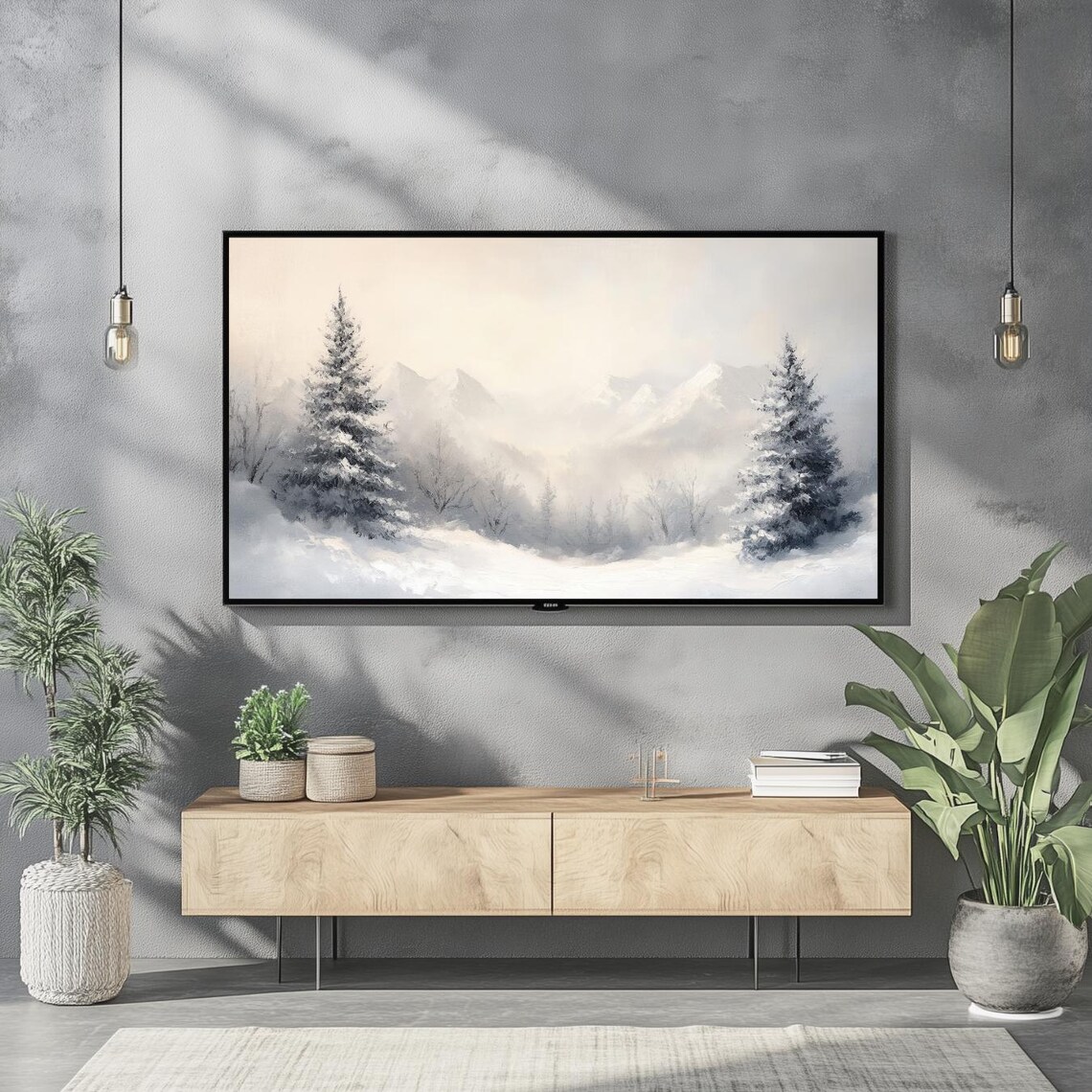 Snowy Evergreen Trees Misty Mountains Winter Neutral Frame TV Poster - Image 2