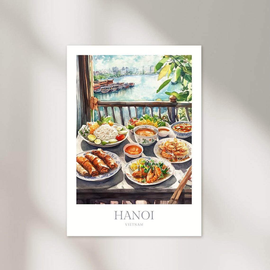 Hanoi Vietnam Food Feast Riverside Balcony Watercolor Travel Poster