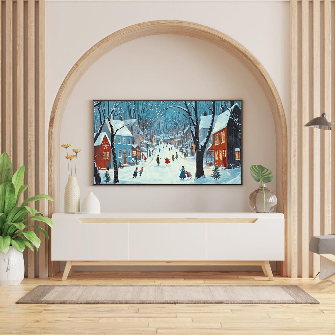 Snowy Christmas Village Street Folk Painting Night Winter Wall Art - Image 2