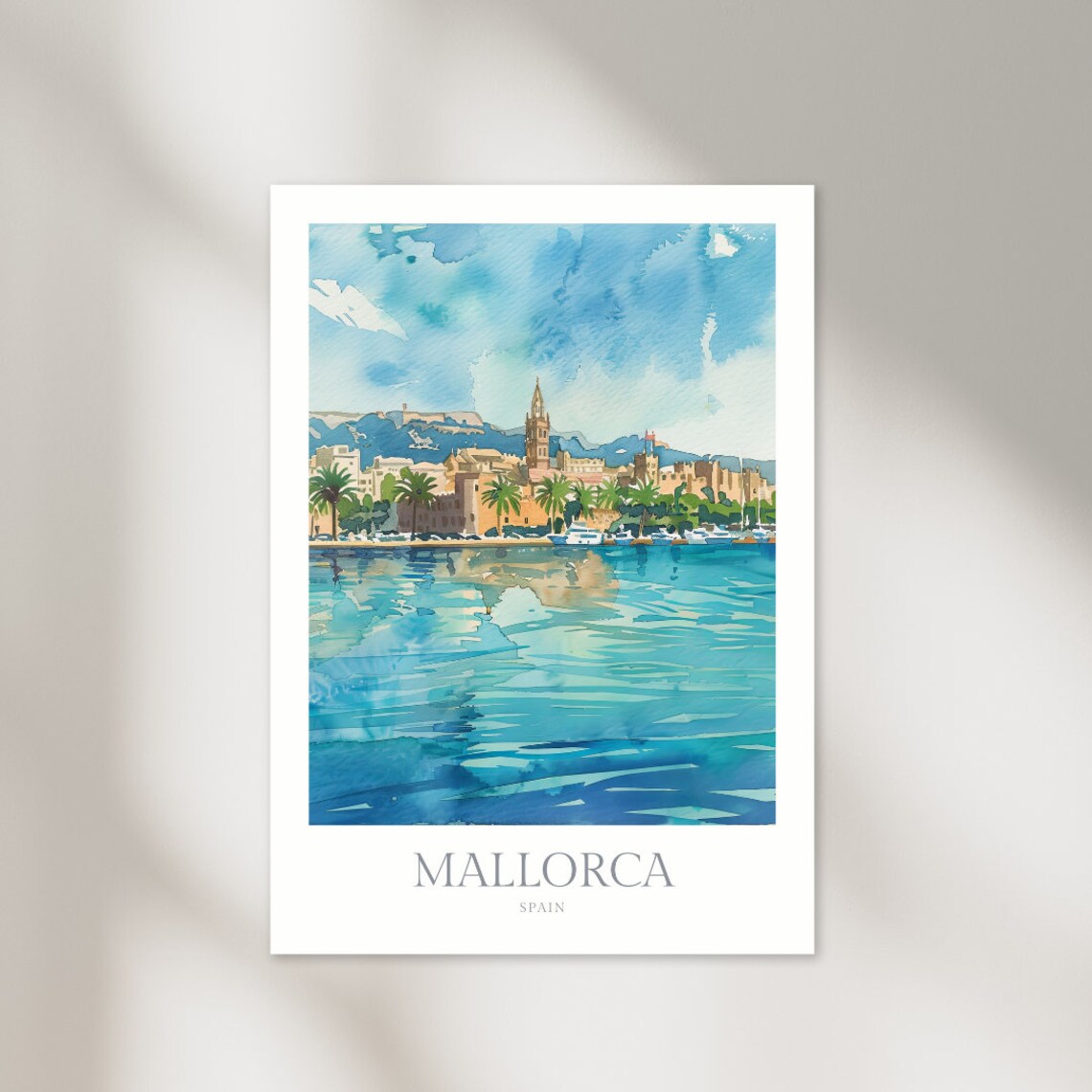 Mallorca Spain Watercolor Harbor Cathedral Coastal Travel Poster