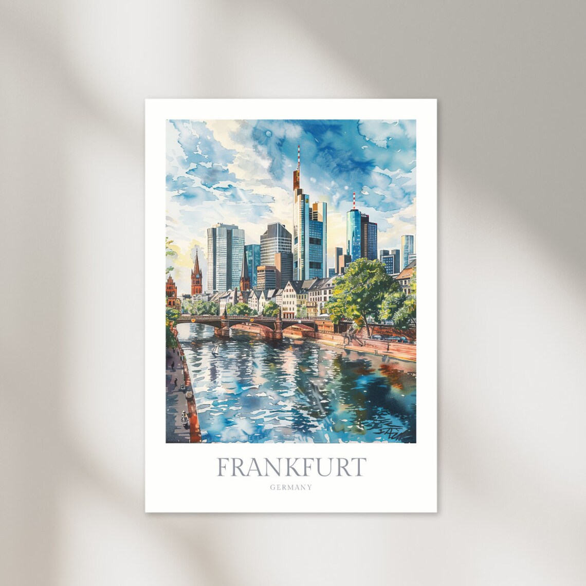 Frankfurt Germany Watercolor Skyline River Bridge City Travel Poster