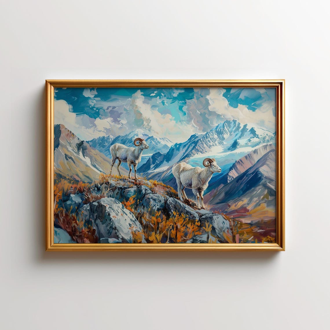 Two White Mountain Sheep on Alpine Ridge Oil Painting Poster