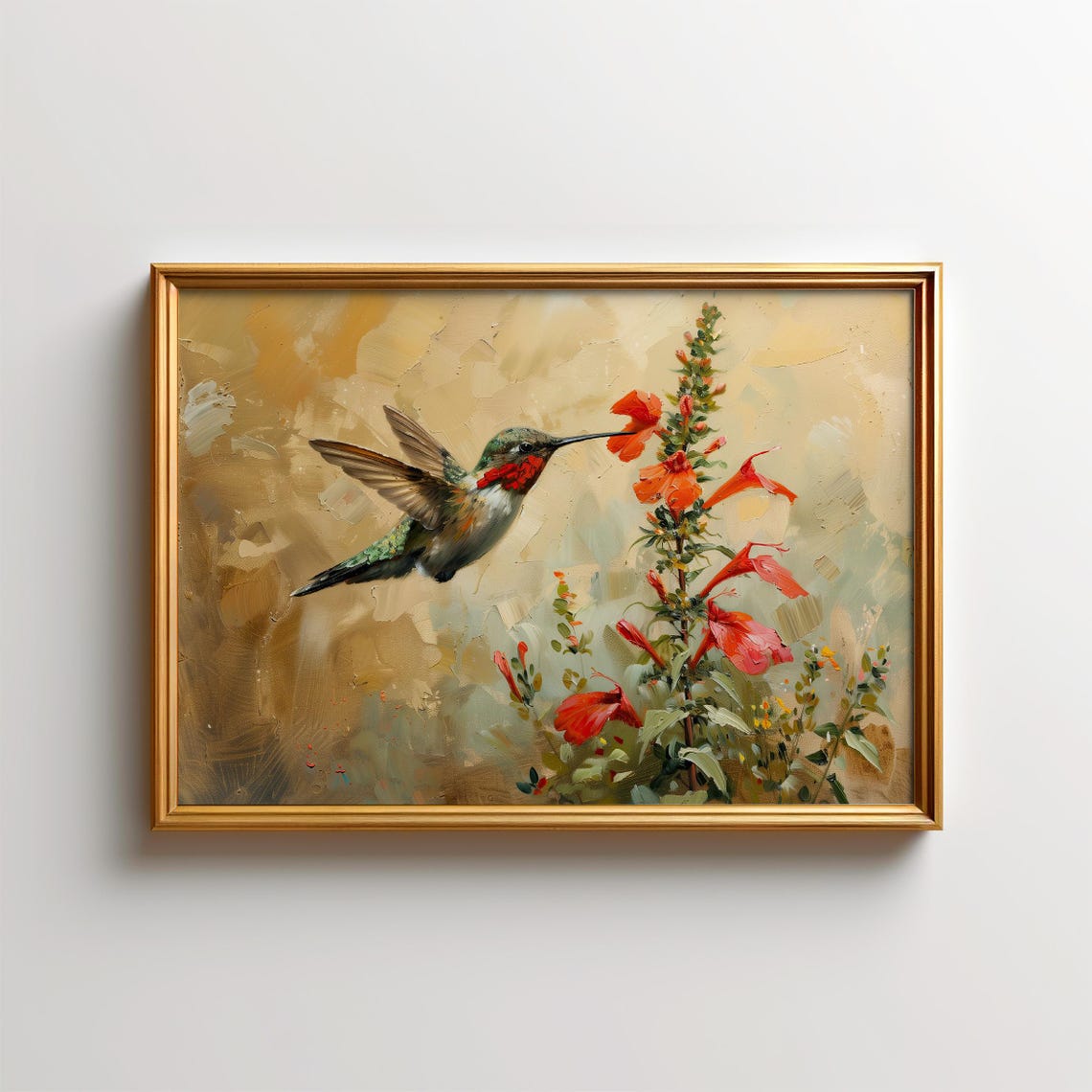 Ruby Hummingbird Feeding Red Flowers Oil Painting Bird Poster