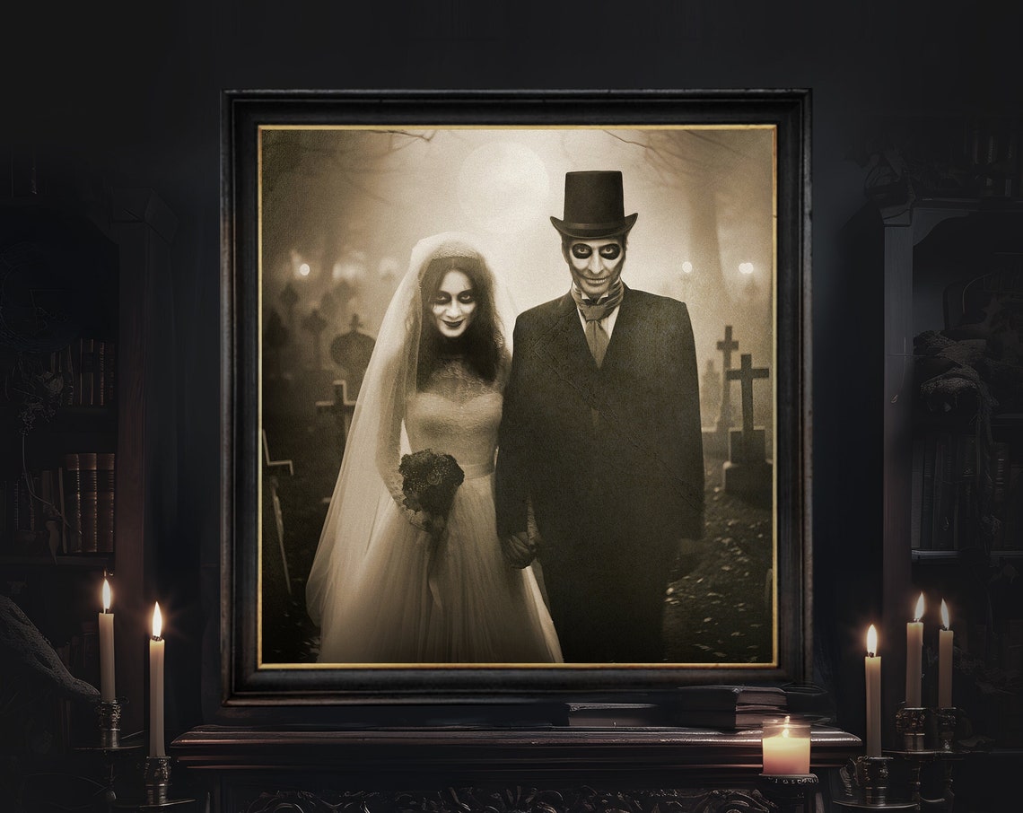 Skeleton Bride and Groom Spooky Graveyard Wedding Portrait Poster