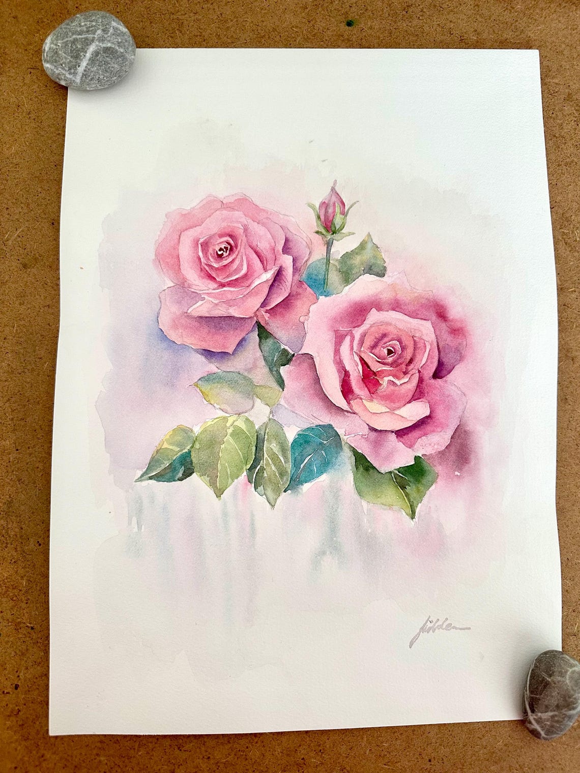 Two Delicate Pink Roses with Buds Watercolor Floral Art Poster
