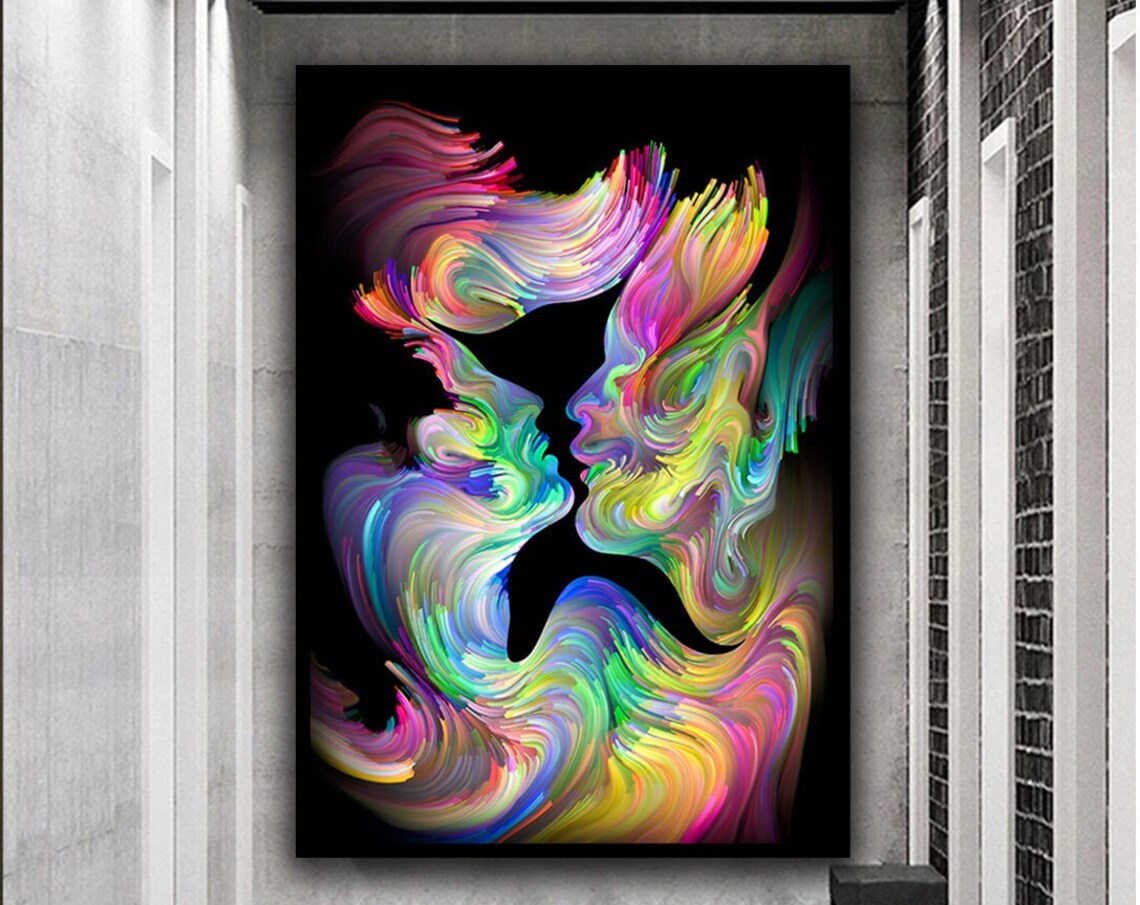 Abstract Kissing Couple Colorful Smoke Faces Black Background Love Poster - Image 5