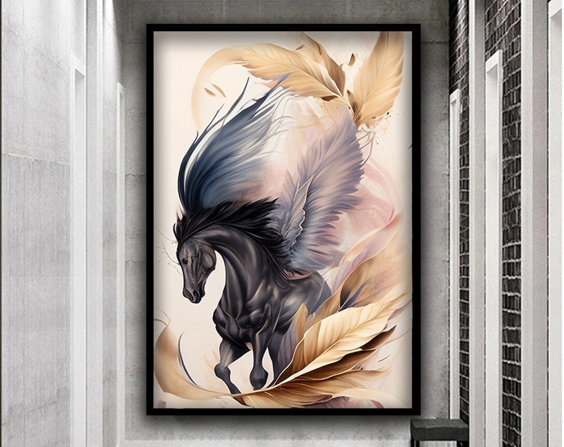 Black Winged Pegasus Horse with Flowing Feathers Cream Dream Poster