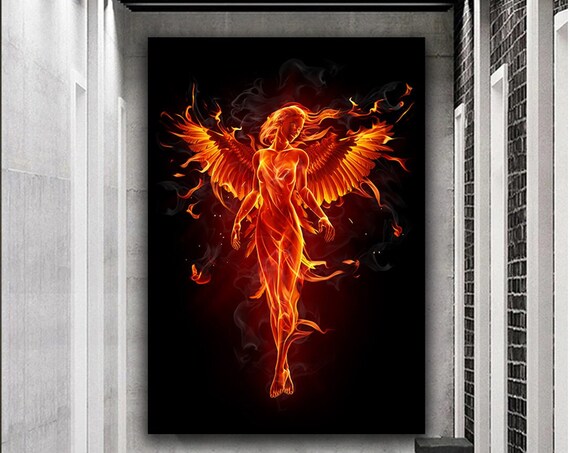 Fire Angel Woman Phoenix Wings Flames Dark Fantasy Art Poster
