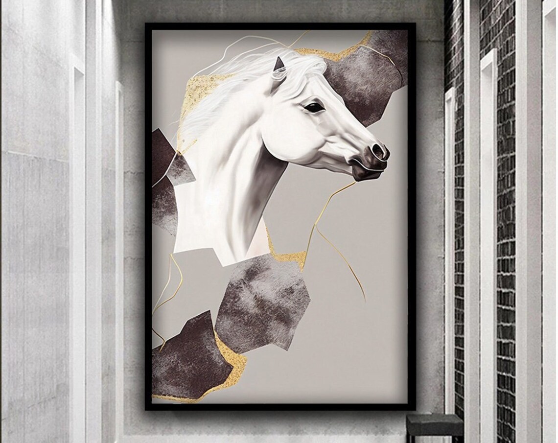 Elegant White Horse Portrait Gold Geometric Modern Animal Wall Poster