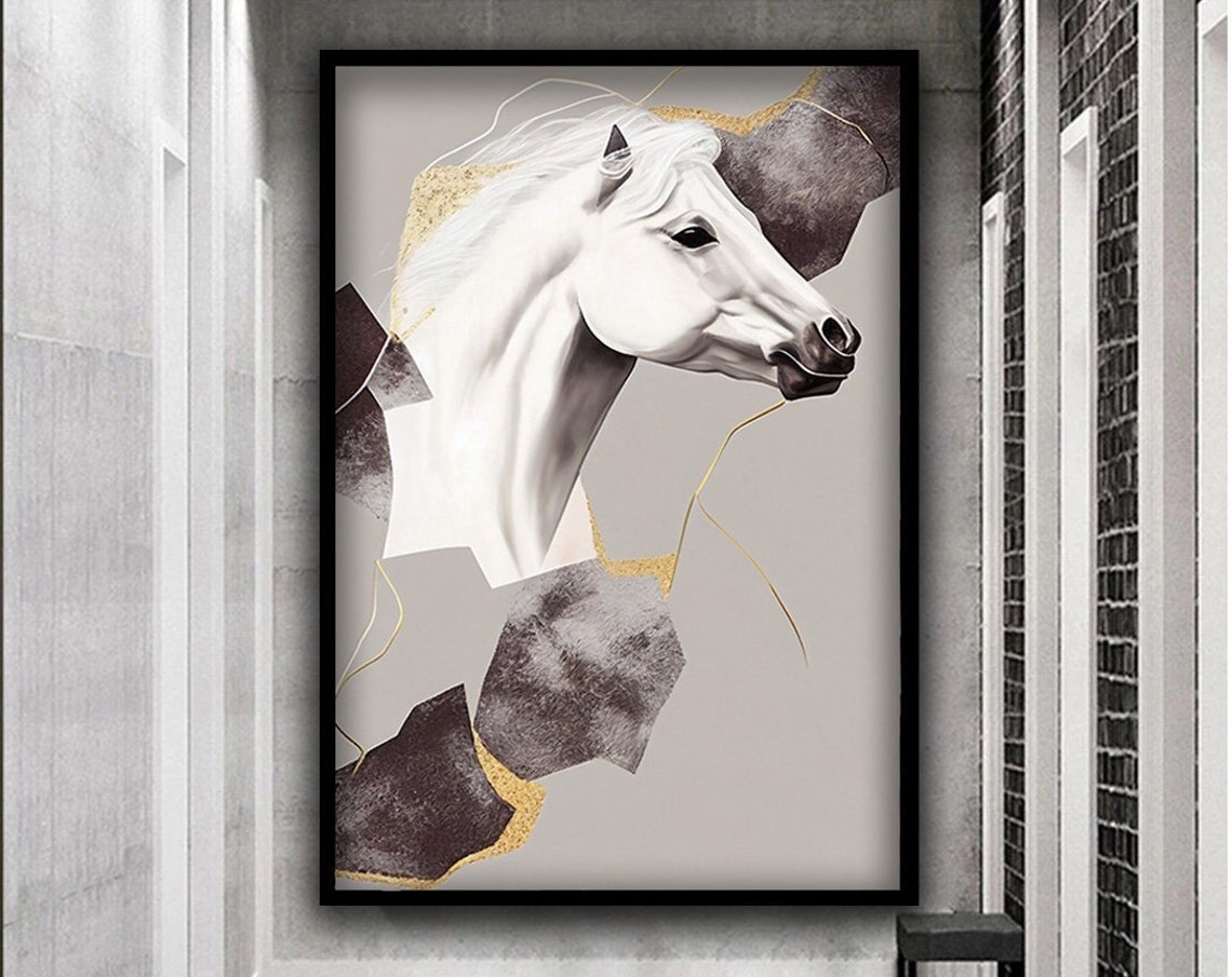 White Horse Painting Gold And White Horse Wall Art Horse Animal Art Animal Art Abstract Wall Decor White Horse Art