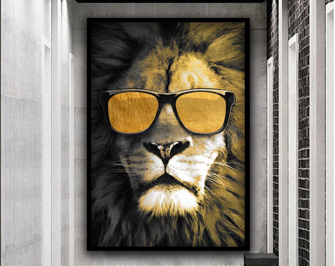 Cool Lion Wearing Gold Sunglasses Black Gold Duotone Funny Animal Poster