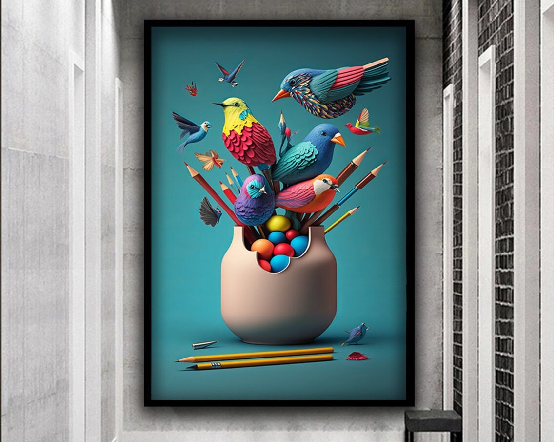 Colorful Birds Bursting From Vase With Pencils Whimsical Art Poster