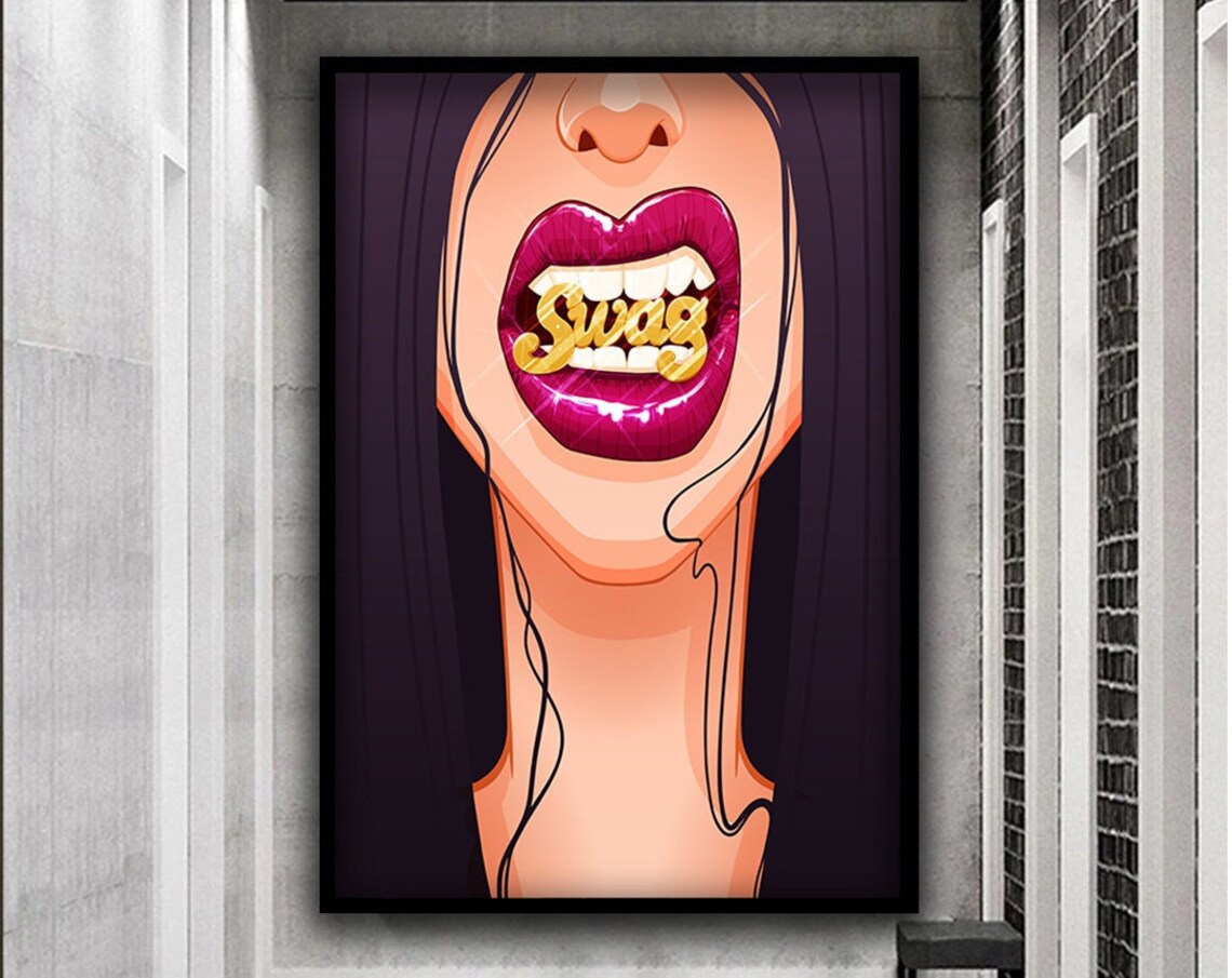 Bold Pop Art Red Lips with Gold Swag Grill Street Style Poster