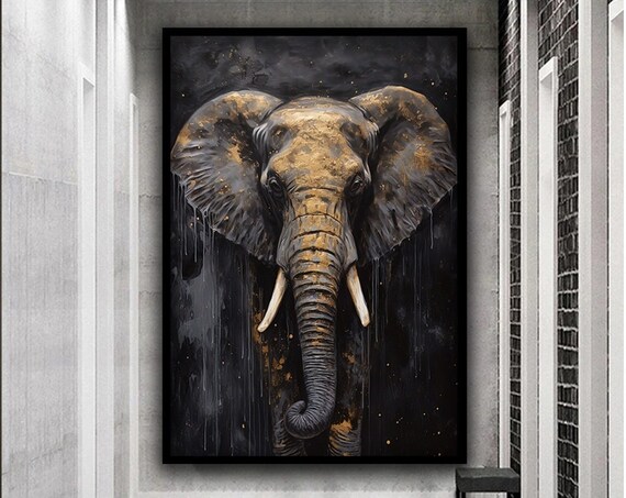 Elephant Front View Gold Accents Dark Moody Wildlife Art Poster