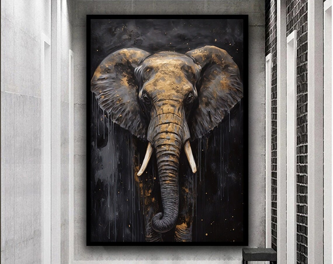 Elephant Front View Gold Accents Dark Moody Wildlife Art Poster