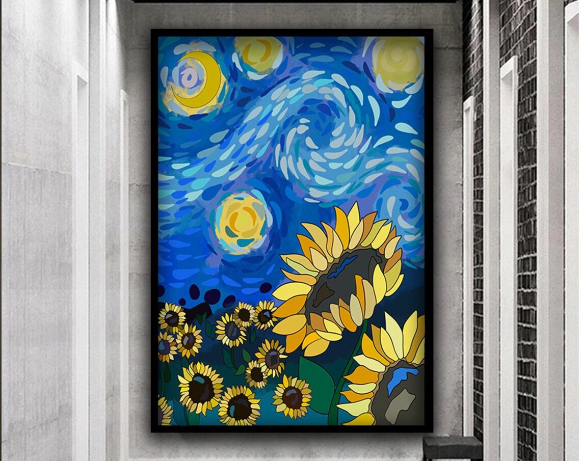 Sunflowers Starry Night Van Gogh Style Swirling Sky Art Poster