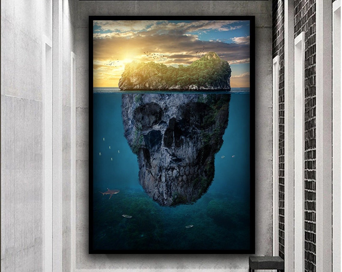 Skull Island Tropical Sunset Ocean Optical Illusion Wall Art