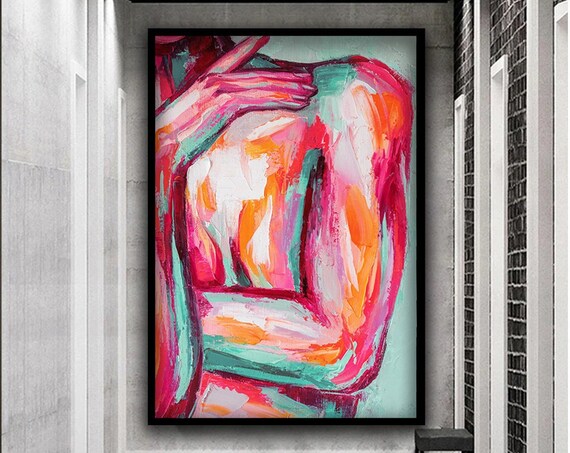Abstract Nude Female Torso Pink Orange Teal Expressive Body Art Wall Poster