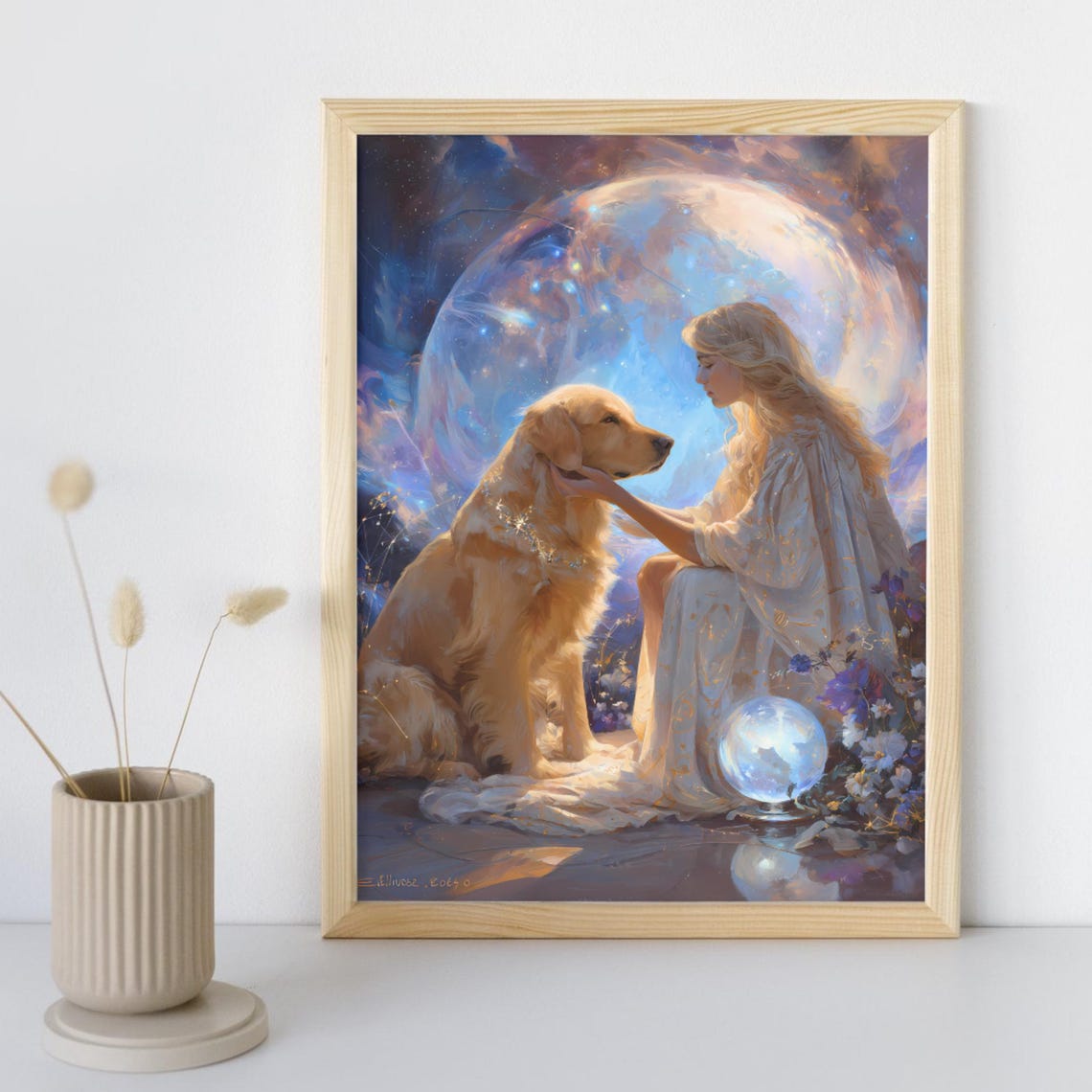 Golden Retriever and Woman Celestial Moon Night Fantasy Poster