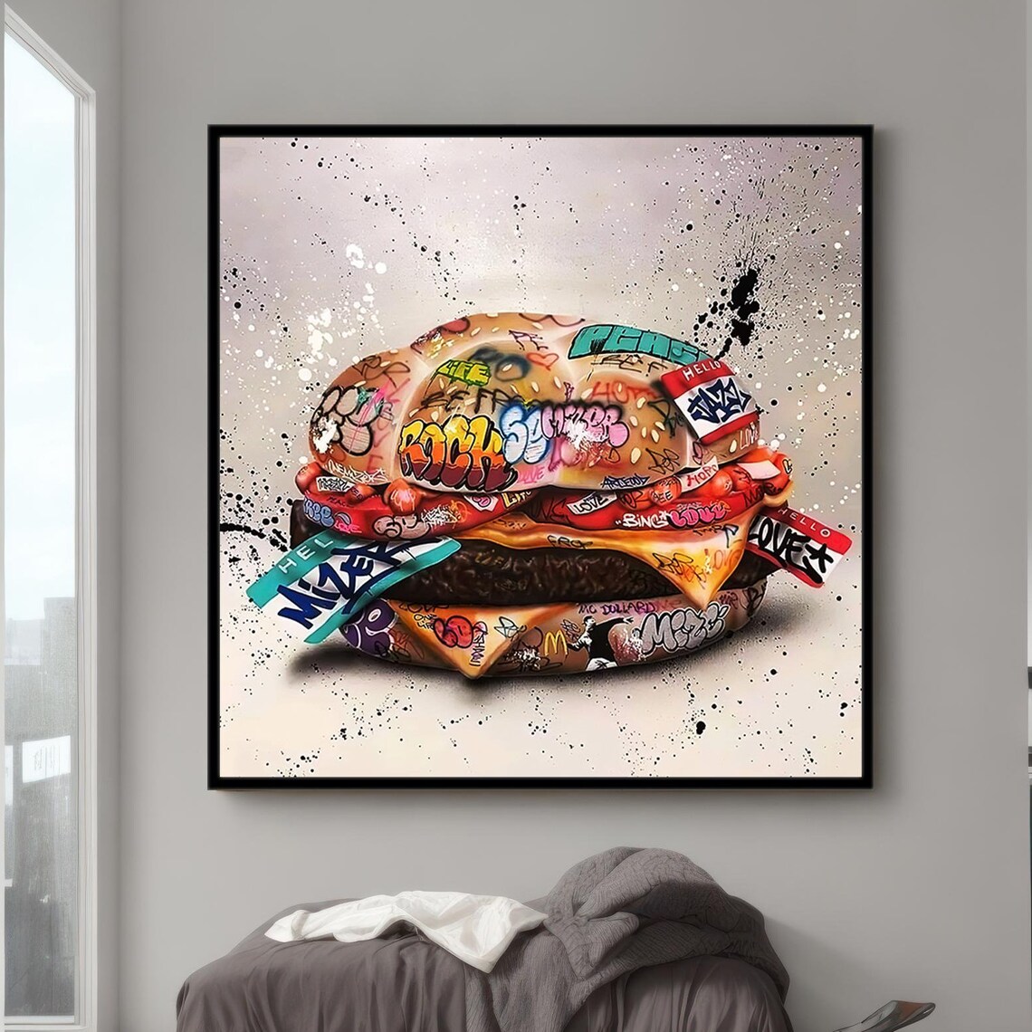Graffiti Covered Cheeseburger Street Art Bold Pop Culture Food Poster