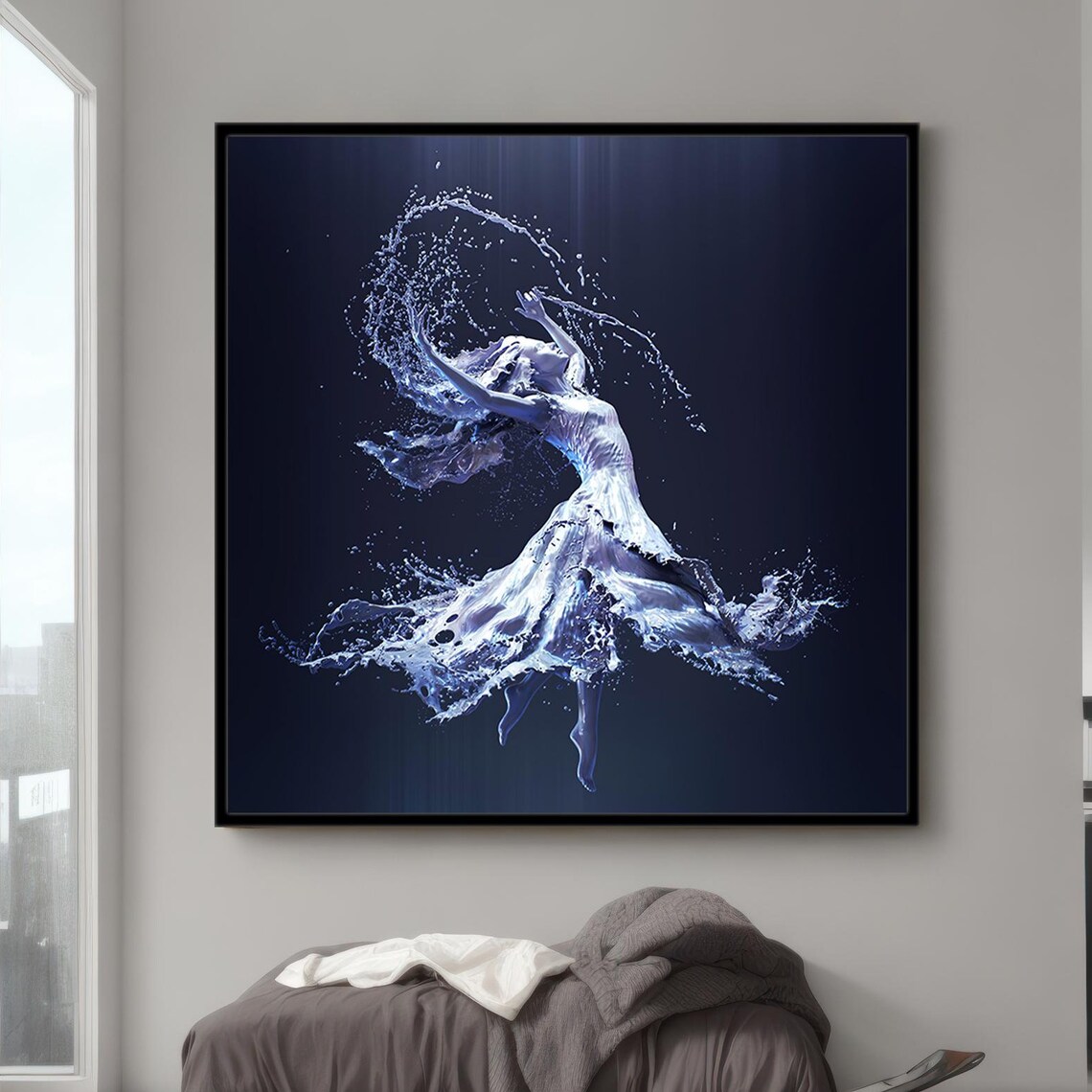 Water Splash Dancing Woman Figure Midnight Blue Abstract Art Poster