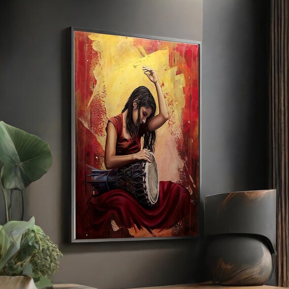 Bohemian Woman Playing Hand Drum in Red Dress Warm Music Painting Poster