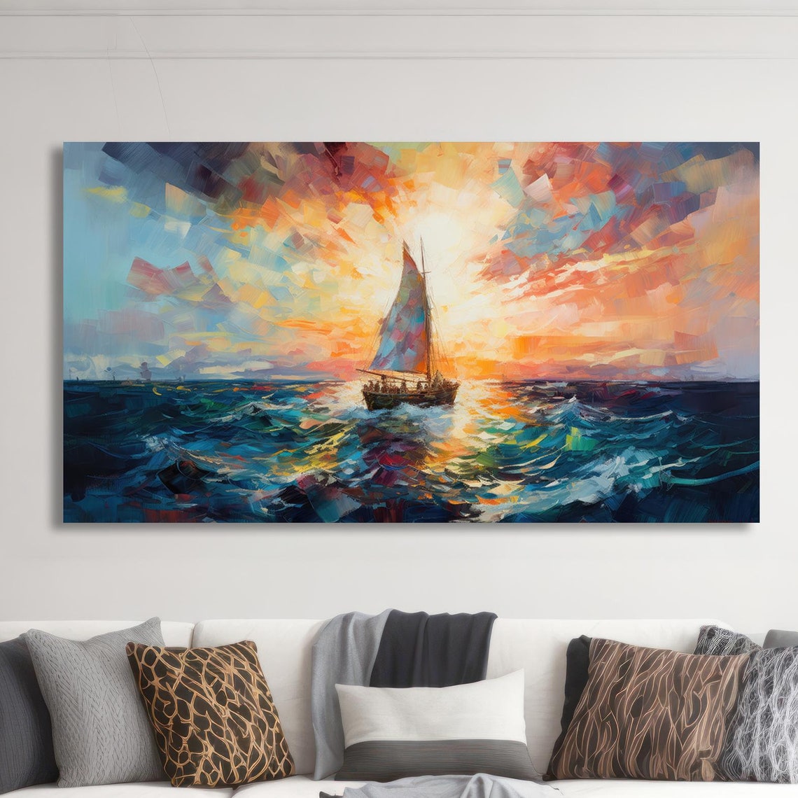 Sailboat Sunset Mosaic Colorful Ocean Waves Abstract Art Poster