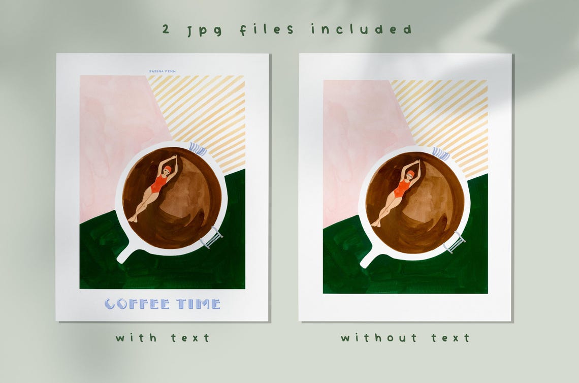 Coffee Art Print Swimmer In Coffee Cup Illustration Minimalist Coffee Lover Wall Art Boho Retro Kitchen Decor - Image 4