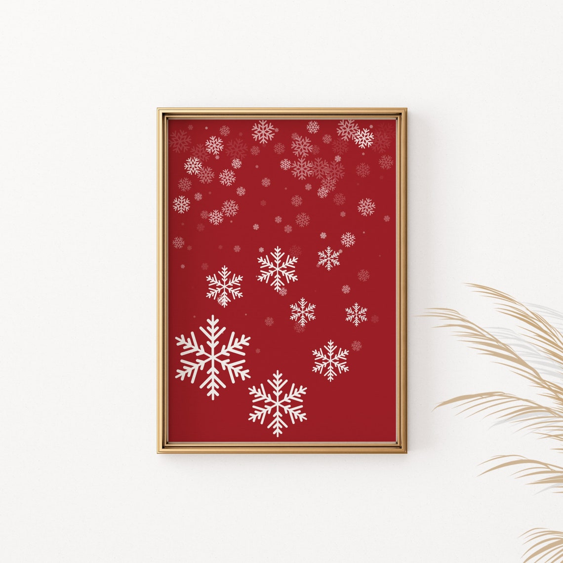 Red Snowflake Christmas Poster White Snow Winter Holiday Wall Decor