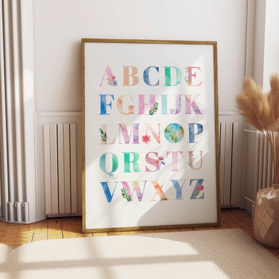 Alphabet Art Print Colorful Abc Wall Art Nursery Decor Childrens Room Poster Kids Alphabet Watercolor Letters Playroom Decor