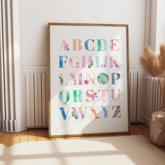 Watercolor Alphabet ABC Letters Nursery Kids Room Wall Decor Poster