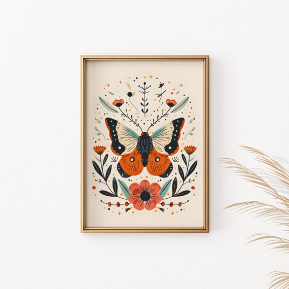 Boho Moth Folk Art Poster Nature Wall Art Unframed Butterfly Print Cottage Core Decor Botanical Illustration Retro Inspired Print